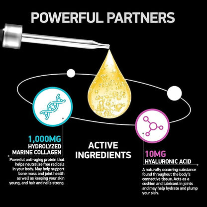Liquid Marine Collagen Peptides with 10mg Hyaluronic Acid Supplement - 1,000mg Hydrolyzed Collagen Drops for Skin, Hair, Joints Support - Liquid Collagen For Women And Men - 30-Day Collagen Drink