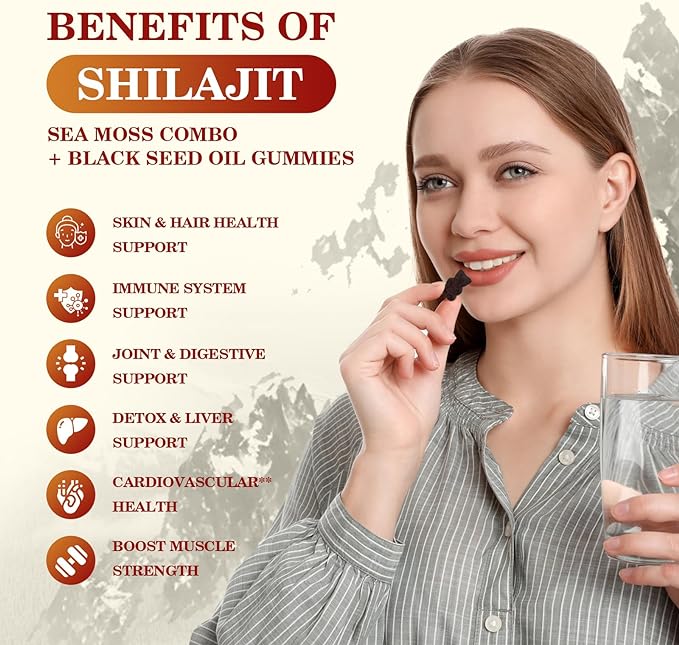 Shilajit Resin Gummies, Shilajit Irish Sea Moss Supplement with Black Seed Oil, Ashwagandha Ginger, Panax Ginseng, Shilajit Gummies with 85+ Trace Minerals & Fulvic Acid for Energy, Immune Support
