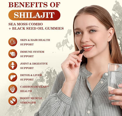 Shilajit Resin Gummies, Shilajit Irish Sea Moss Supplement with Black Seed Oil, Ashwagandha Ginger, Panax Ginseng, Shilajit Gummies with 85+ Trace Minerals & Fulvic Acid for Energy, Immune Support