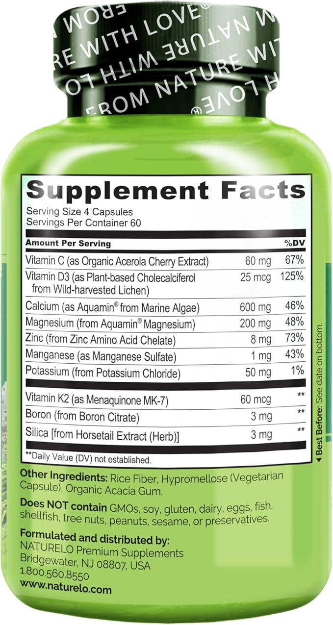 NATURELO Calcium Supplement - with Vitamin C, Vitamin D3, K2, and Calcium Magnesium Zinc for Bone Strength with Calcium 600mg - Plant-Based, 240 Vegetarian Capsules, Non-GMO, Soy & Gluten-Free