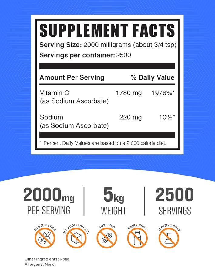 BulkSupplements.com Sodium Ascorbate Powder - for Immune Support, Sodium Ascorbate Vitamin C - Buffered Vitamin C, Gluten Free, 2000mg per Serving, 5kg (11 lbs) (Pack of 5)
