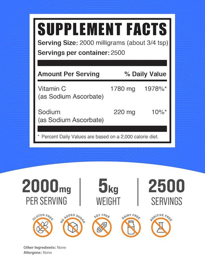BulkSupplements.com Sodium Ascorbate Powder - for Immune Support, Sodium Ascorbate Vitamin C - Buffered Vitamin C, Gluten Free, 2000mg per Serving, 5kg (11 lbs) (Pack of 5)