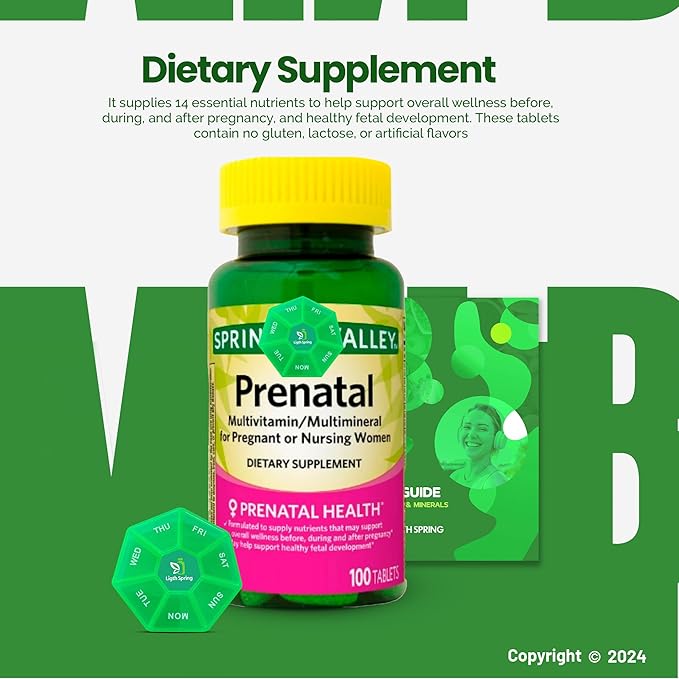 Prenatal Multivitamin/Multimineral 100 Tablets with Bundle Exclusive Vitamins & Minerals - A to Z -Better Ligth&Spring Guide + Weekly Pill Organizer (3 Items)