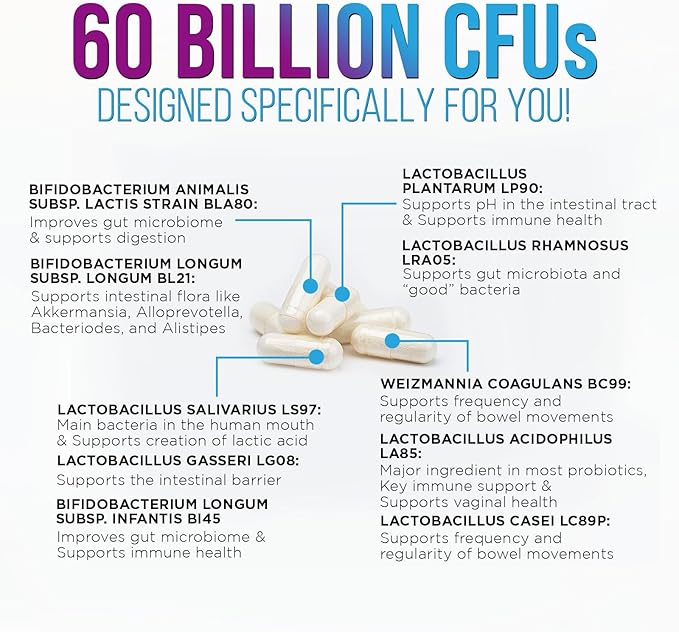 Daily Probiotic and Acidophilus Supplement 60 Billion CFU 10 Strains Capsule for Women & Men - Digestive Gut & Immune Health Support - Supports Occasional Constipation, Gas & Bloating - 60 Capsules