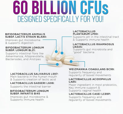 Daily Probiotic and Acidophilus Supplement 60 Billion CFU 10 Strains Capsule for Women & Men - Digestive Gut & Immune Health Support - Supports Occasional Constipation, Gas & Bloating - 60 Capsules