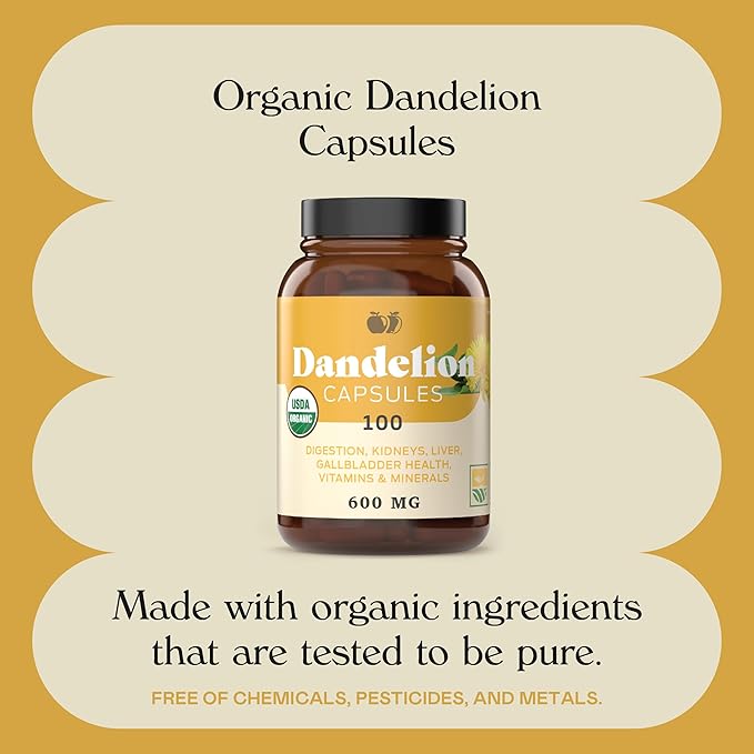 Complete Natural Products Pure Organic Dandelion Root Capsules - 530mg Capsules 100 Pills Dried Dandelion Root Herbal Supplement