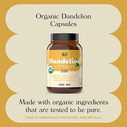 Complete Natural Products Pure Organic Dandelion Root Capsules - 530mg Capsules 100 Pills Dried Dandelion Root Herbal Supplement