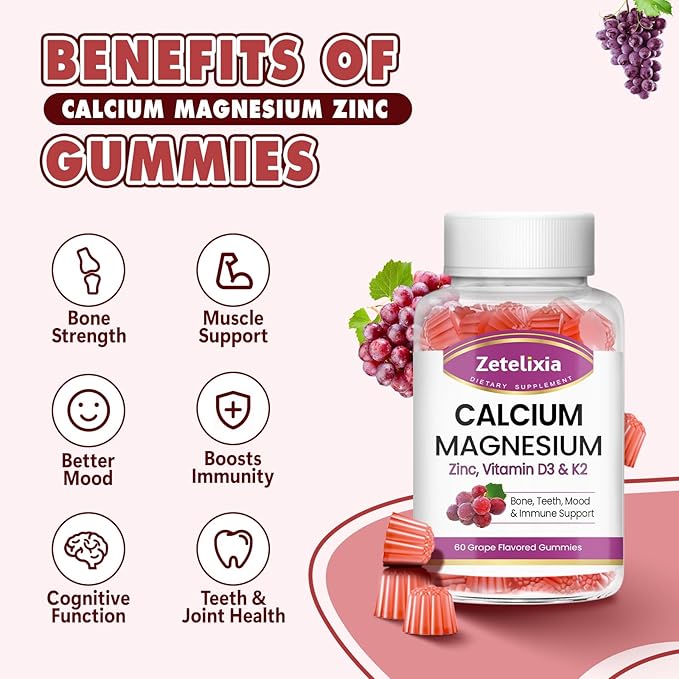 Calcium Gummies for Women Men, Calcium Magnesium Zinc with Vitamin D3 & K2, Calcium Magnesium Supplement for Bones Muscles and Joints, Grape Flavor - 120 Count