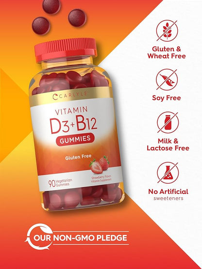 Carlyle Vitamin D3 + B12 Complex Gummies | 90 Count | Vegetarian, Non-GMO, and Gluten Free Formula | Strawberry Flavor Supplement