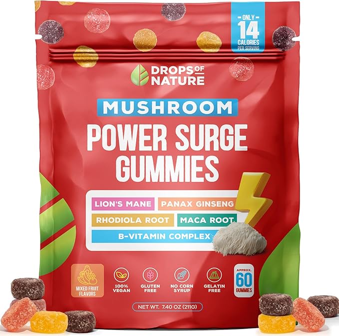 Mushroom Supplement Power Surge Gummies - Lions Mane, Maca Root, Panax Ginseng, Vitamin B12 & Rhodiola - Vegan, Vitamin B Complex - Mushroom Gummies for Energy and Wellness (Mixed Fruits, 60 Gummies)
