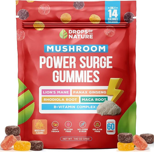 Mushroom Supplement Power Surge Gummies - Lions Mane, Maca Root, Panax Ginseng, Vitamin B12 & Rhodiola - Vegan, Vitamin B Complex - Mushroom Gummies for Energy and Wellness (Mixed Fruits, 60 Gummies)