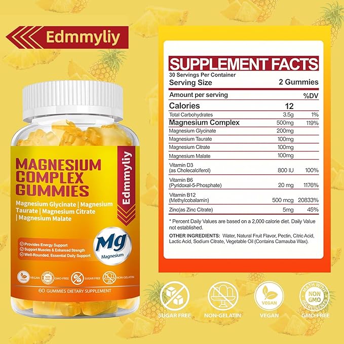 Triple Magnesium Complex Gummies Supplement for Women & Men Sugar Free High Absorption Magnesium Glycinate, Taurate, Malate, Citrate Complex Supplement with Vitamin B6, B12 & D3 for Adult…