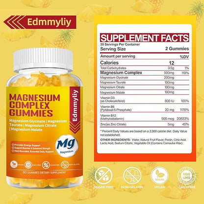 Triple Magnesium Complex Gummies Supplement for Women & Men Sugar Free High Absorption Magnesium Glycinate, Taurate, Malate, Citrate Complex Supplement with Vitamin B6, B12 & D3 for Adult…