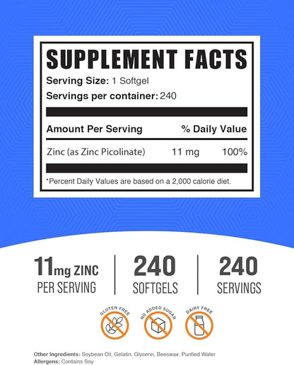 BulkSupplements.com Zinc Picolinate Softgels - Zinc Supplements, Zinc 11mg, Zinc Softgels - for Immune Support, Gluten Free - 1 Softgel per Serving, 240 Count (Pack of 1)