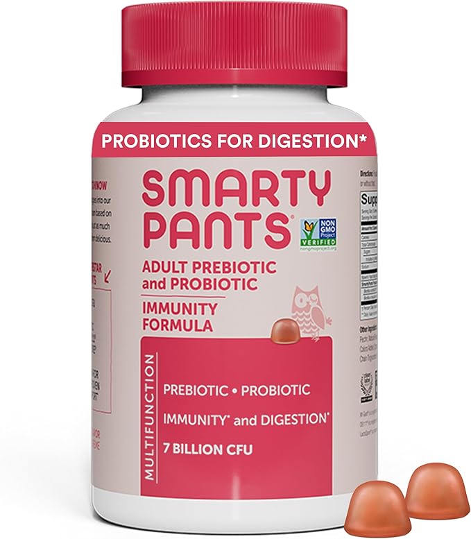 SmartyPants Men's & Women's Probiotic Immunity Gummies: Prebiotics & Probiotics for Digestive Health & Immune Support Supplement, Gluten Free, Vegan, Strawberry Crème Flavor, 60 Count (30 Day Supply)