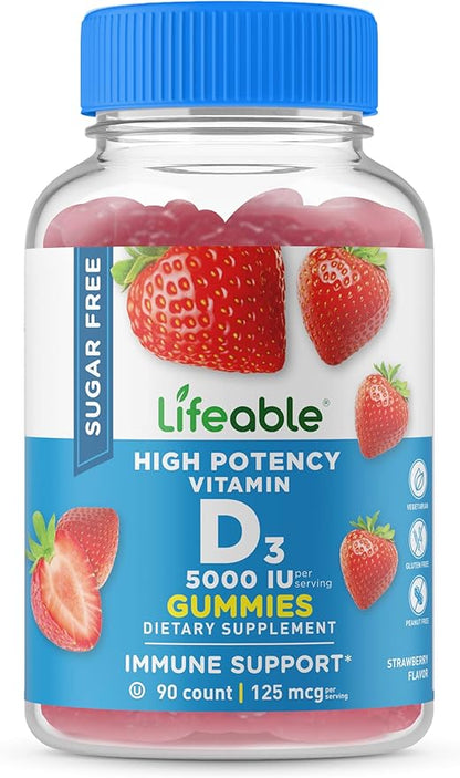 Lifeable Sugar Free Vitamin D 5000 IU - Great Tasting Natural Flavor Gummy Supplement - Gluten Free Vegetarian GMO-Free Chewable - for Immune Support and Bone Health - for Adults - 90 Gummies