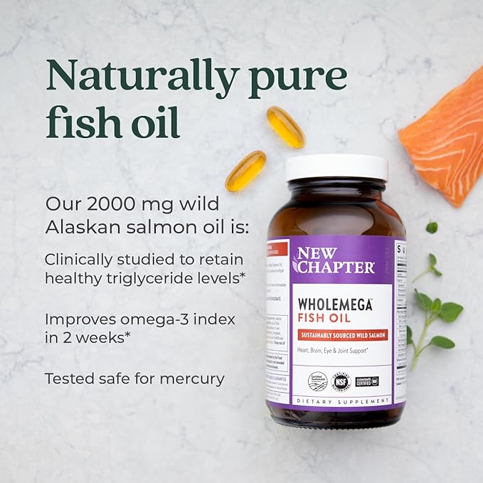 New Chapter Wholemega Fish Oil Supplement - Wild Alaskan Salmon Oil with Omega-3 + Vitamin D3 + Astaxanthin + Sustainably Caught - 120 ct, 1000mg Softgels