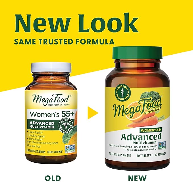MegaFood Women's 55+ Advanced Multivitamin for Women - Doctor-Formulated with Choline, Vitamin D3, Vitamin B12, Biotin - Plus Real Food - Optimal Aging, - Vegetarian - 60 Tabs (30 Servings)