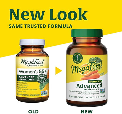 MegaFood Women's 55+ Advanced Multivitamin for Women - Doctor-Formulated with Choline, Vitamin D3, Vitamin B12, Biotin - Plus Real Food - Optimal Aging, - Vegetarian - 60 Tabs (30 Servings)