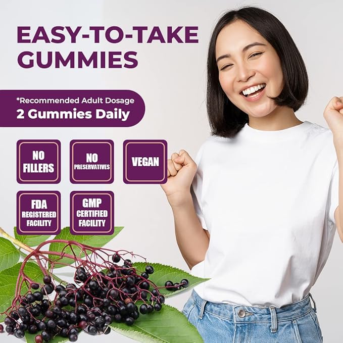 Pomona Wellness Elderberry Gummies with Zinc and Vitamin C for Immune Support 3-1 Chewable Black Elderberry Gummy Supplement for Kids and Adults, Vegan, 90 Gummies