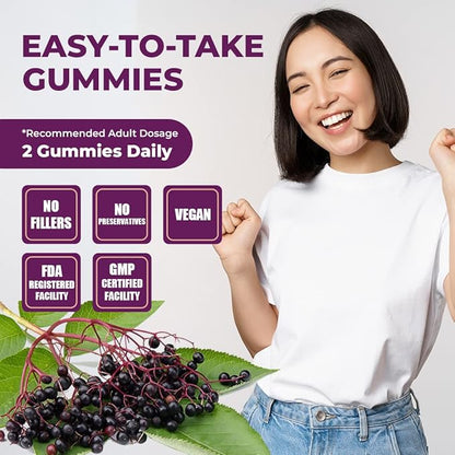 Pomona Wellness Elderberry Gummies with Zinc and Vitamin C for Immune Support 3-1 Chewable Black Elderberry Gummy Supplement for Kids and Adults, Vegan, 90 Gummies