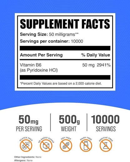 BulkSupplements.com Pyridoxine HCl Powder - Vitamin B6 Supplement, Vitamin B6 50mg - for Immune Support, Gluten Free, 50mg of Pyridoxine B6 per Serving, 500g (1.1 lbs) (Pack of 1)