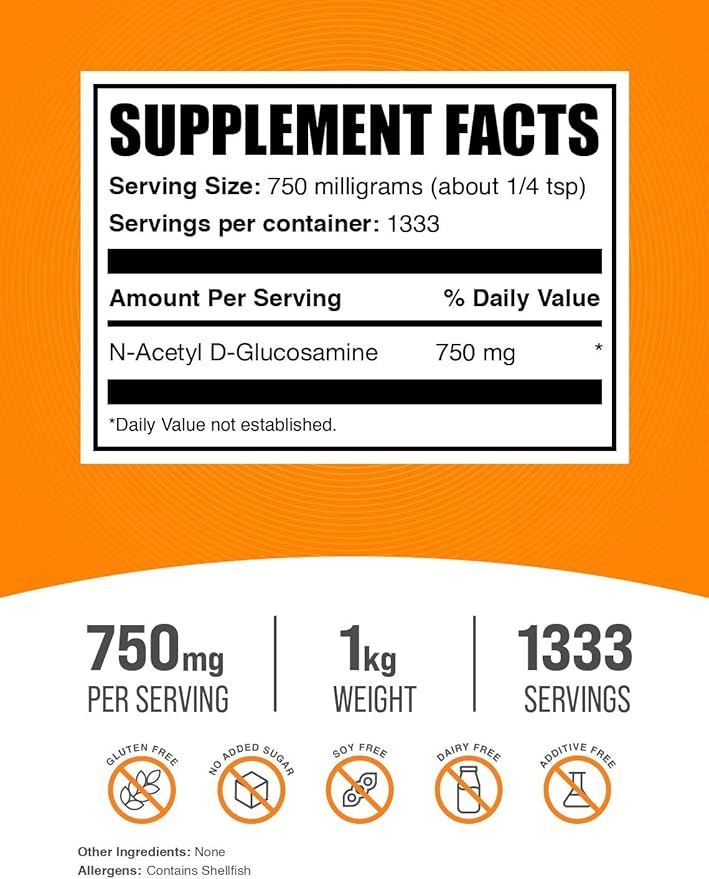 BulkSupplements.com N-Acetyl Glucosamine Powder - NAG Powder, Glucosamine 750mg, Glucosamine Supplement - Glucosamine Powder, Gluten Free, 750mg of per Serving, 1kg (2.2 lbs) (Pack of 1)