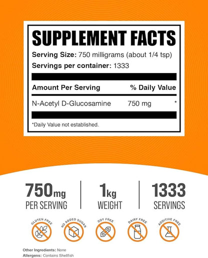 BulkSupplements.com N-Acetyl Glucosamine Powder - NAG Powder, Glucosamine 750mg, Glucosamine Supplement - Glucosamine Powder, Gluten Free, 750mg of per Serving, 1kg (2.2 lbs) (Pack of 1)