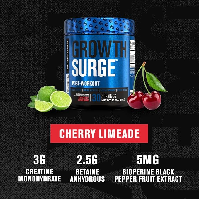Jacked Factory Growth Surge Creatine Post Workout w/L-Carnitine - Daily Muscle Builder & Recovery Supplement with Creatine Monohydrate, Betaine, L-Carnitine L-Tartrate - 30 Servings, Cherry Limeade