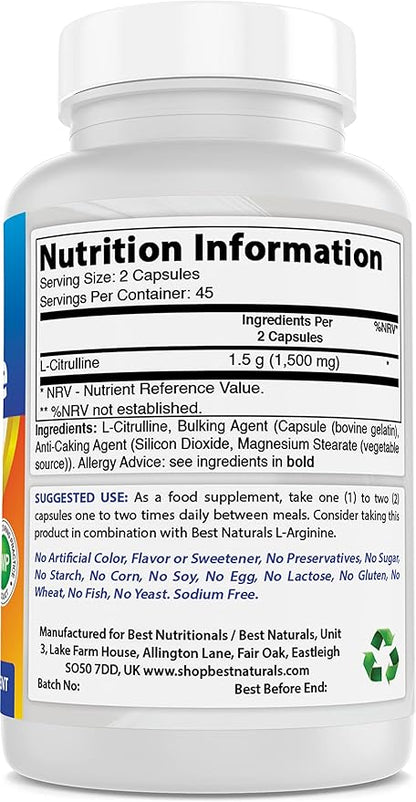 Best Naturals L-Citrulline Capsules - 1500mg/Serving - Non-GMO - Gluten Free - 90 Capsules (90 Count (Pack of 2))