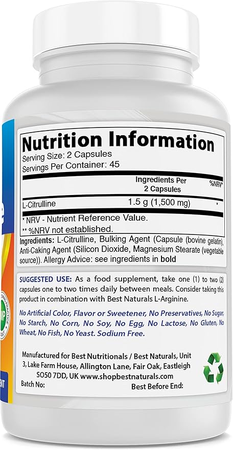 Best Naturals L-Citrulline Capsules - 1500mg/Serving - Non-GMO - Gluten Free - 90 Capsules (90 Count (Pack of 1))