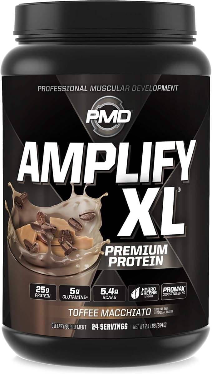 PMD Sports Amplify XL Premium Whey Protein Supplement Hydro Greens Blend - Glutamine and Whey Protein Matrix with Superfood for Muscle, Strength and Recovery - Toffee Macchiato (24 Servings)