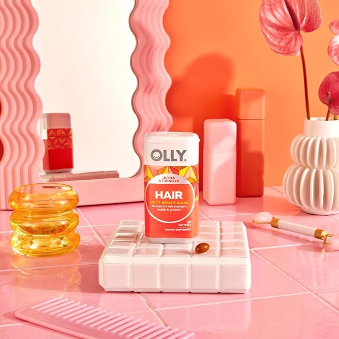 OLLY Ultra Strength Hair Softgels, Supports Hair Health, Biotin, Keratin, Vitamin D, B12, Hair Supplement, 30 Day Supply - 30 Count (Packaging May Vary)