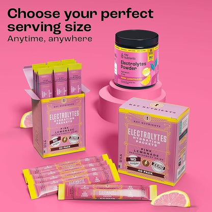 KEY NUTRIENTS Multivitamin Electrolytes Powder No Sugar - Fresh Pink Lemonade Electrolyte Powder - Endurance & Energy Supplement - Hydration Powder - No Calories - 90 Servings - Made in USA