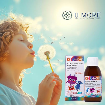 U-MORE Children's Multivitamin Syrup with Calcium, Vitamins C, B3, E, B5, Zinc, B2, B1, B6, A, D - Energy & Immune Support - 5.07 fl oz