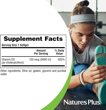 Natures Plus Vitamin D3 (Cholecalciferol) - 5000 iu, 60 Softgels - Bone Health, Heart Health & Immune System Support Supplement, Bioavailable Active Form - Gluten-Free - 60 Servings