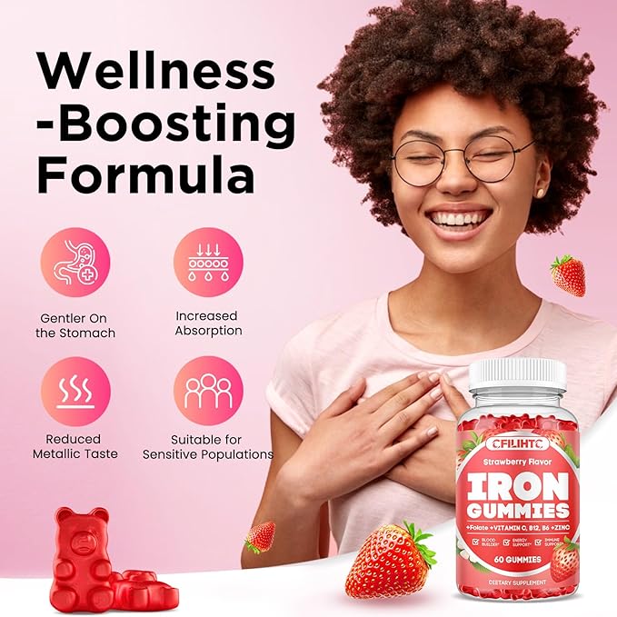 Iron Gummies for Women & Men - Iron Supplement with Vitamin B6, B12, C, Zinc, Folate for Adults & Kids - Support Iron Deficiency, Anemia, Energy Boost, Blood Builder - Sugar Free Vegan 60ct Strawberry
