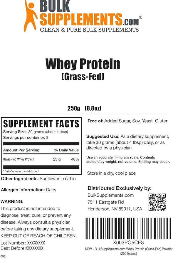 BulkSupplements.com Grass Fed Whey Protein Powder - Unflavored Whey Protein Powder, Grass Feed Whey Protein Concentrate - Gluten Free, 30g per Serving, 250g (8.8 oz) (Pack of 1)