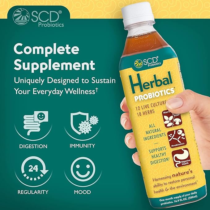 Herbal Probiotics - Bioavailable Liquid Probiotic Supplement, 12 Live Strains incl. Acidophilus, Antioxidants, 18 Herbs incl. Adaptogen Reishi Mushroom - 16.3 fl oz, 30-day supply