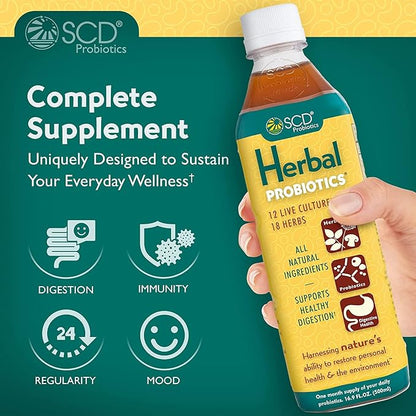 Herbal Probiotics - Bioavailable Liquid Probiotic Supplement, 12 Live Strains incl. Acidophilus, Antioxidants, 18 Herbs incl. Adaptogen Reishi Mushroom - 16.3 fl oz, 30-day supply