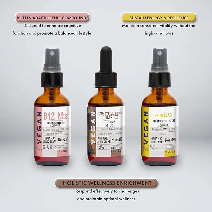 Vitality Boost Bundle Liquid Spray - Ultimate Mushroom Complex, Bromelain, B12 Methylcobalamin - Complete Multivitamin - Plant- Based, Non-GMO, Gluten Free, Sugar Free 2 Fl Oz (420 Days Supply)