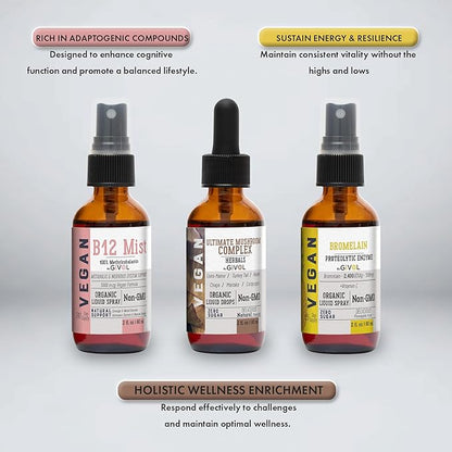 Vitality Boost Bundle Liquid Spray - Ultimate Mushroom Complex, Bromelain, B12 Methylcobalamin - Complete Multivitamin - Plant- Based, Non-GMO, Gluten Free, Sugar Free 2 Fl Oz (420 Days Supply)