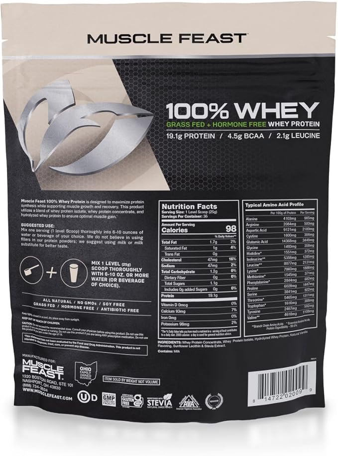 Muscle Feast 100% Grass-Fed Whey Protein, Pastured Raised Hormone Free All Natural, Vanilla, 2lb