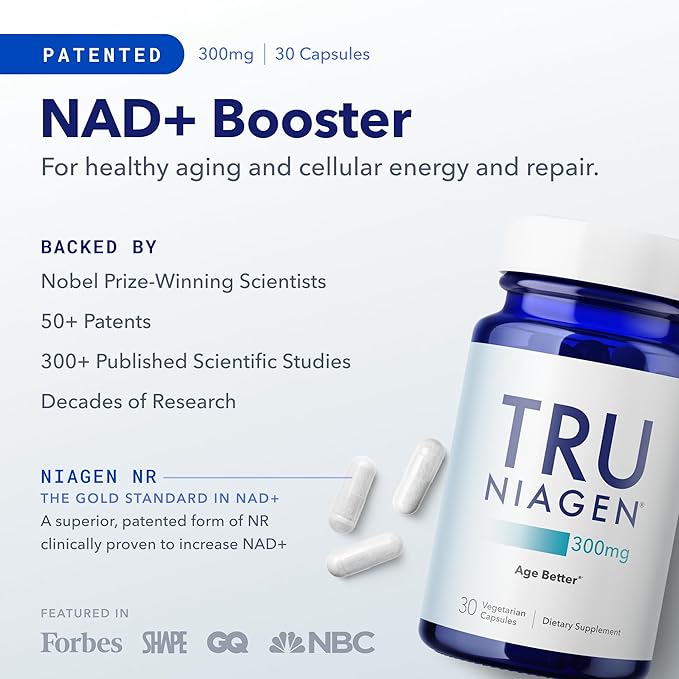 TRU NIAGEN Patented NAD+ Supplement for Anti Aging and Cell Regeneration, 300 mg Niagen, 30 Servings | Supports Cellular Energy, Brain, Muscle | Nicotinamide Riboside (NR) Take 1 Daily | 1 Bottle