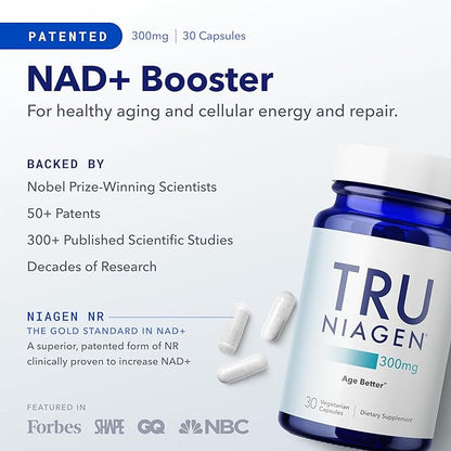 TRU NIAGEN Patented NAD+ Supplement for Anti Aging and Cell Regeneration, 300 mg Niagen, 30 Servings | Supports Cellular Energy, Brain, Muscle | Nicotinamide Riboside (NR) Take 1 Daily | 1 Bottle
