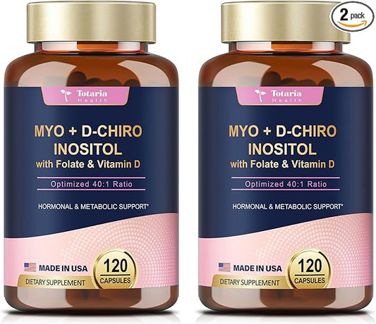 Inositol Supplement for Women with Vitamin D3, Folate, 40:1 Ratio Myo-Inositol 3000mg & D-Chiro Inositol 75mg Complex, (Vitamin B8) Inositol Capsules, Pack of 2