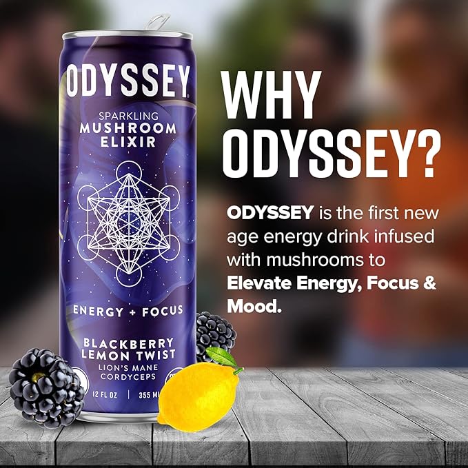 Odyssey Elixir Functional Beverage - Adaptogen Drink with Lions Mane, Cordyceps, L Theanine & Green Tea Caffeine - for Cognition, Energy & Mood Boost - 0 Added Sugar - Blackberry Lemonade - 12 Pack