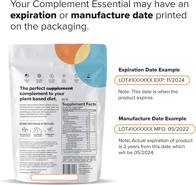 Complement 1 Month Supply Vegan Multivitamins for Women & Men (90 Capsules) Omega 3 DHA+EPA, Vitamin B12, Vitamin D3 K2, Zinc, Selenium, Magnesium, Iodine Supplement- Made in USA, 30 Servings