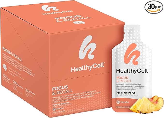 Healthycell Focus & Recall - Brain Supplement for Focus and Memory - Liquid Nootropics Supplement for Concentration & Alertness - L-theanine, Omega-3 - Maximum Absorption - 30 Gel Packs