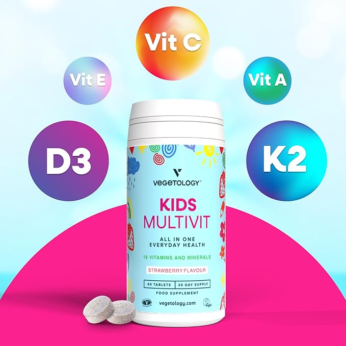 Kids MultiVitamin Supplement, Vegan Chewable Multivitamin for Immune Support, Energy, & Growth, 18 Essential Vitamins & Minerals, Ages 4+ - 60 Tablets, Strawberry